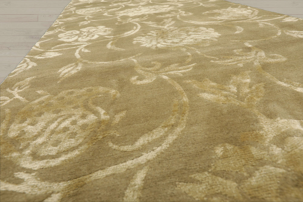 3x12 Tone on Tone Green, , Color Hand Knotted Tibetan Wool & Silk Transitional Oriental Rug
