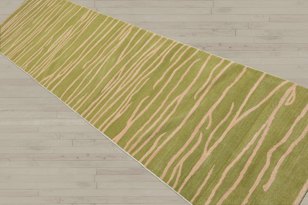 2'6x10 Lime, Tan, Color Hand Knotted Tibetan Wool Modern & Contemporary Oriental Rug