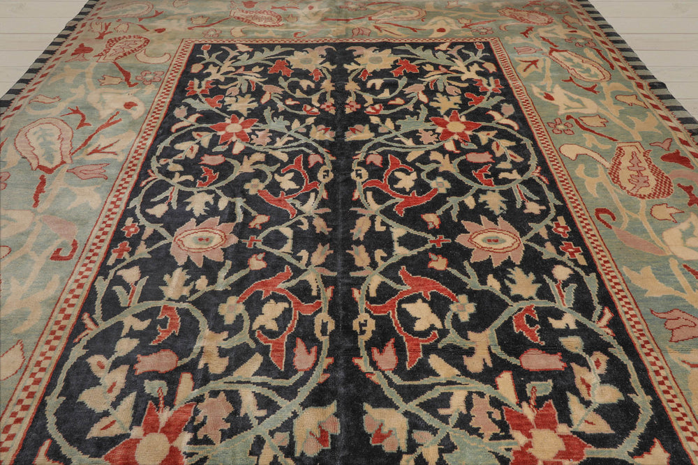 10x14 Black, Pale Aqua, Rust Color Hand Knotted 100% Wool Traditional Oriental Rug