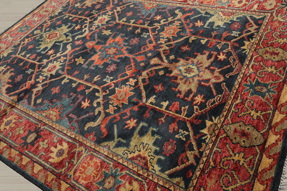 Multi Size Blue Coral Orange Color Hand Knotted Oushak Wool Oriental Rug