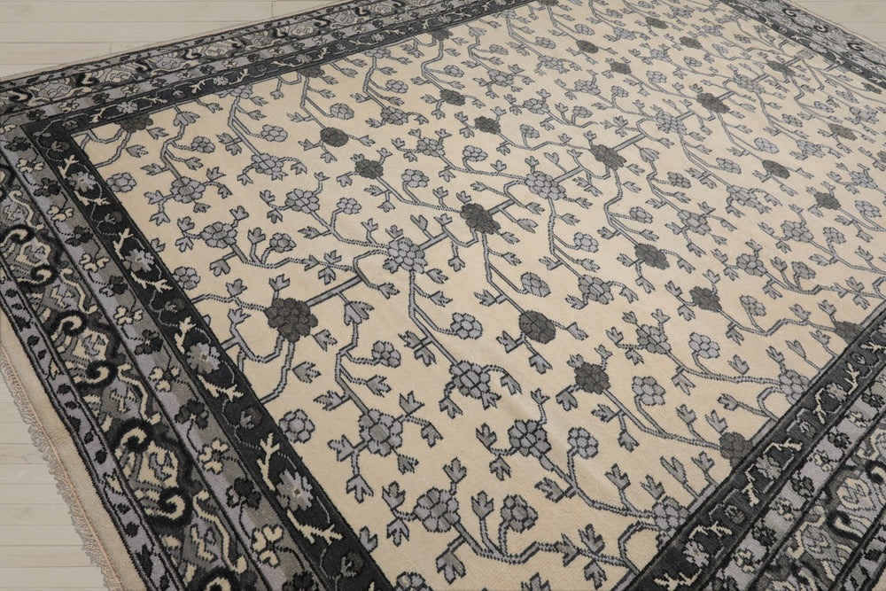 Multi Size Ivory Gray Charcoal Color Hand Knotted Oushak Wool Traditional Oriental Rug