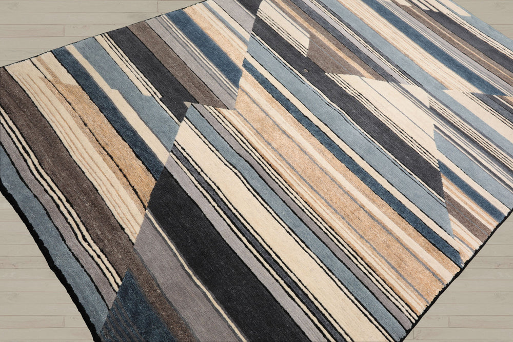 5x8 Ivory, Gray, Blue Color Hand Knotted Tibetan 100% Wool Modern Oriental Rug