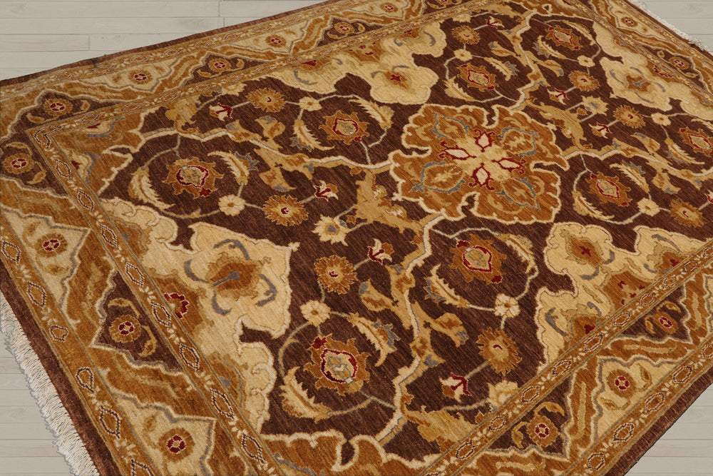 6x9 Brown, Beige, Gold Color Hand Knotted Peshawar 100% Wool Traditional Oriental Rug