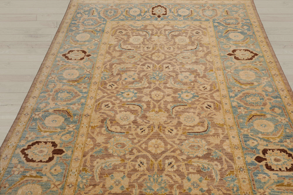 6x9 Taupe, Aqua, Brown Color Hand Knotted Peshawar 100% Wool Traditional Oriental Rug