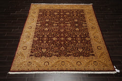 8x10 Burgundy, Light Gold, Brown Color Hand Knotted Pak Persian 100% Wool Traditional Oriental Rug