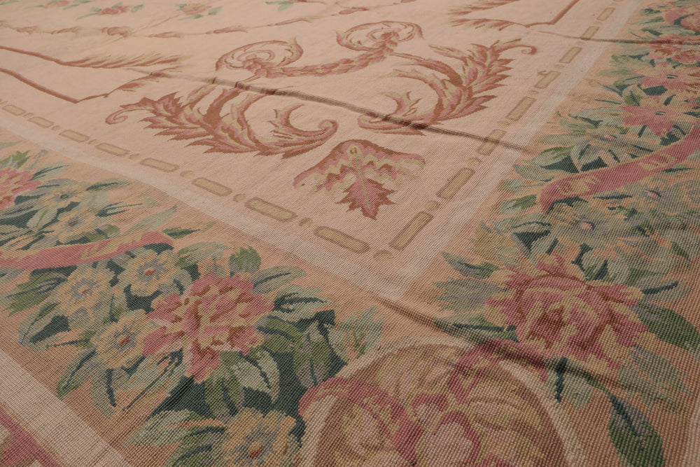 Palace Blush, Peach, Green Color Hand Knotted French Aubusson 100% Wool Traditional Oriental Rug