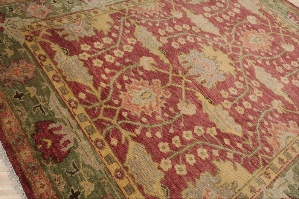 Multi Size Raspberry Green Gold Color Hand Knotted Oushak Wool Oriental Rug
