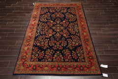 6x9 Navy, Antique Rose, Mint Color Hand Knotted Sarouk 100% Wool Traditional Oriental Rug