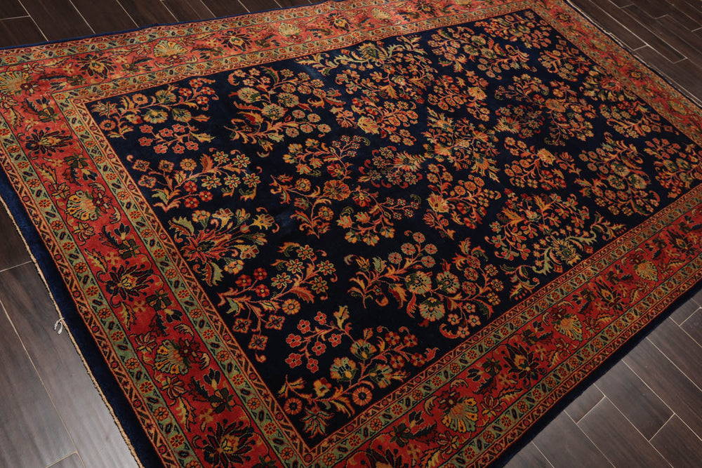 6x9 Navy, Antique Rose, Mint Color Hand Knotted Sarouk 100% Wool Traditional Oriental Rug