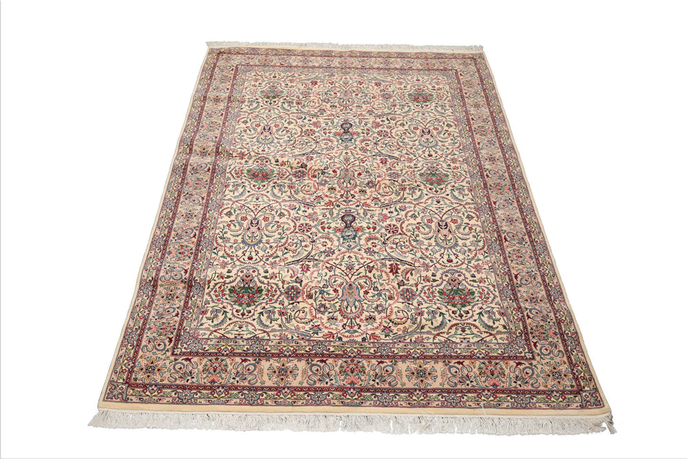 6x9 Cream, Peach, Maroon Color Hand Knotted Pak Persian 100% Wool Traditional Oriental Rug
