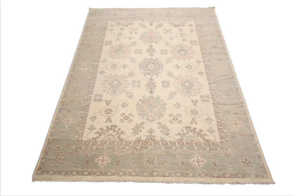 9x12 Ivory, Mint, Brown Color Hand Knotted Afghan Oushak Wool Traditional Oriental Rug