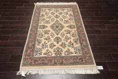 4x6 Ivory, Rose, Blue Color Hand Knotted Kerman 100% Wool Traditional Oriental Rug