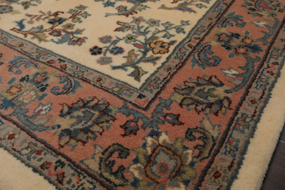 4x6 Ivory, Rose, Blue Color Hand Knotted Kerman 100% Wool Traditional Oriental Rug