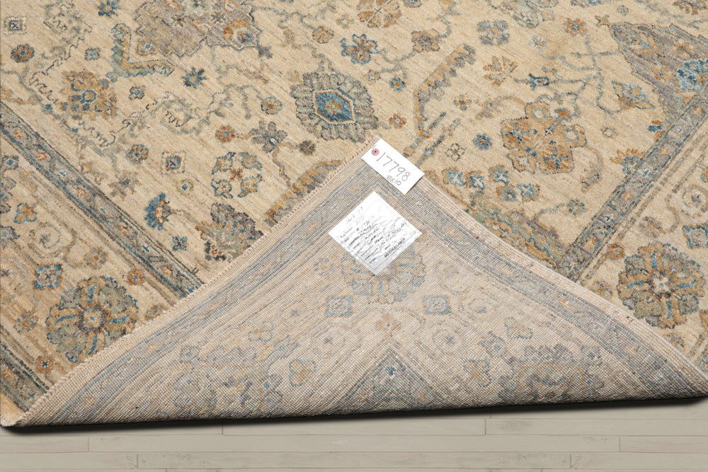 8x10 Beige, Gold, Aqua Color Hand Knotted Oushak Wool Traditional Oriental Rug