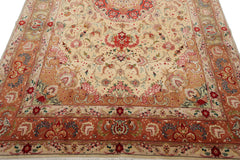 Knotted Rug Ivory Peach Hand Knotted 6'x9' Tabriz Traditional 300 KPSI Wool and Silk Oriental Area Rug