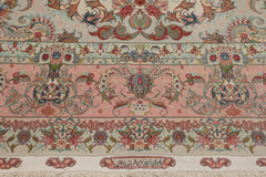 Knotted Rug Ivory Blush Hand Knotted 6'x9' Tabriz Master Weaver Signed Traditional 400 KPSI Wool and Silk Oriental Area Rug