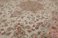 Knotted Rug Ivory Blush Hand Knotted 6'x9' Tabriz Master Weaver Signed Traditional 400 KPSI Wool and Silk Oriental Area Rug