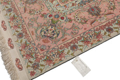 Knotted Rug Ivory Blush Hand Knotted 6'x9' Tabriz Master Weaver Signed Traditional 400 KPSI Wool and Silk Oriental Area Rug