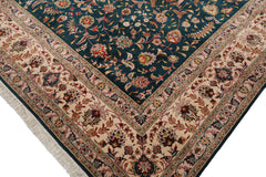Knotted Rug Teal Beige Hand Knotted 10'x14' Tabriz Traditional 400 KPSI Wool and Silk Oriental Area Rug