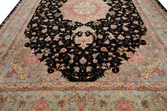 Knotted Rug Black Aqua Hand Knotted Palace Size Tabriz Traditional 400 KPSI Wool and Silk Oriental Area Rug