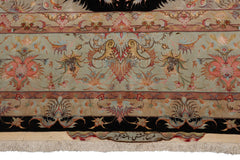 Knotted Rug Black Aqua Hand Knotted Palace Size Tabriz Traditional 400 KPSI Wool and Silk Oriental Area Rug