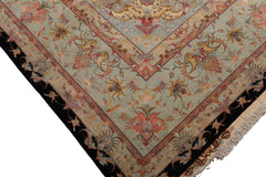 Knotted Rug Black Aqua Hand Knotted Palace Size Tabriz Traditional 400 KPSI Wool and Silk Oriental Area Rug