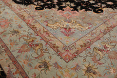 Knotted Rug Black Aqua Hand Knotted Palace Size Tabriz Traditional 400 KPSI Wool and Silk Oriental Area Rug