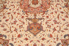 Knotted Rug Ivory Rose Hand Knotted Palace Size Tabriz Master Weaver Signed Traditional 350 KPSI Wool and Silk Oriental Area Rug