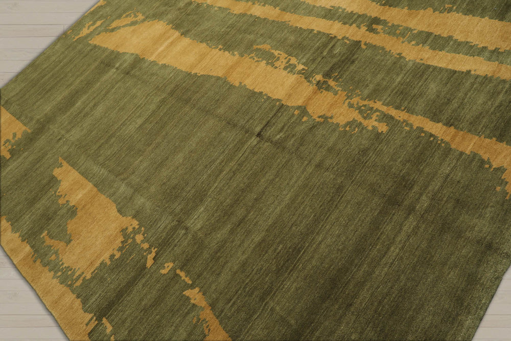 8x10 Green, Muted Gold, Color Hand Knotted 100% Wool Modern Oriental Rug
