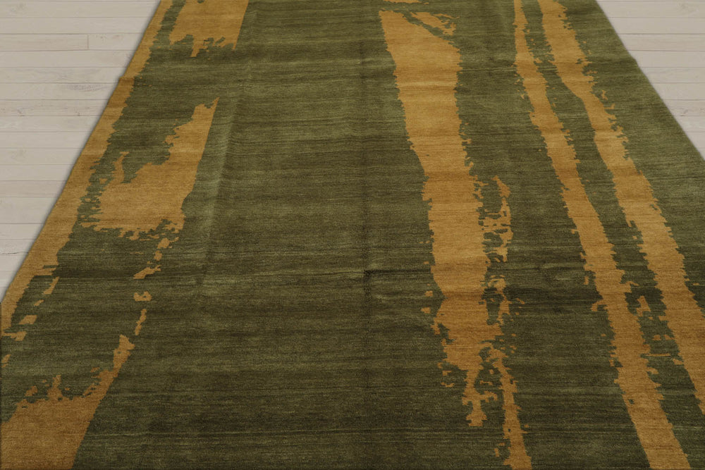 8x10 Green, Muted Gold, Color Hand Knotted 100% Wool Modern Oriental Rug