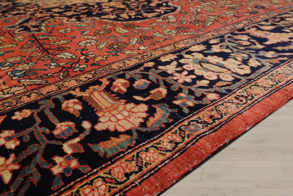 9x12 Rose, Midnight Blue, Ivory Color Hand Knotted Ferahan 100% Wool Traditional Oriental Rug