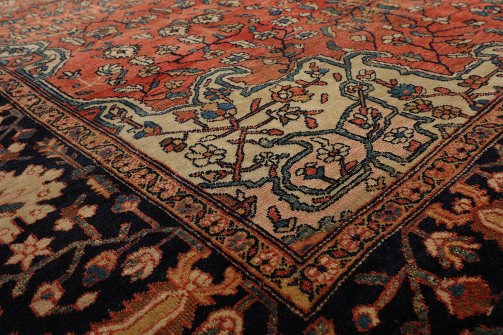 9x12 Rose, Midnight Blue, Ivory Color Hand Knotted Ferahan 100% Wool Traditional Oriental Rug