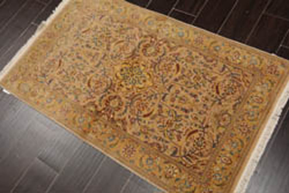 3x5 Tan, Light Gold, Blue Color Hand Knotted Pak Persian 100% Wool Traditional Oriental Rug