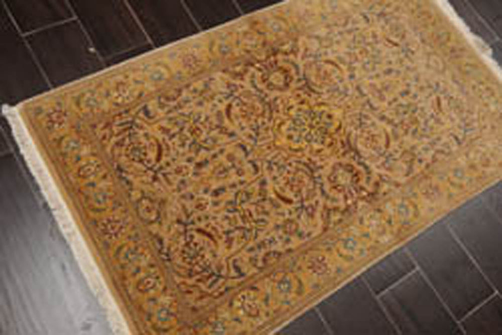 3x5 Tan, Light Gold, Blue Color Hand Knotted Pak Persian 100% Wool Traditional Oriental Rug