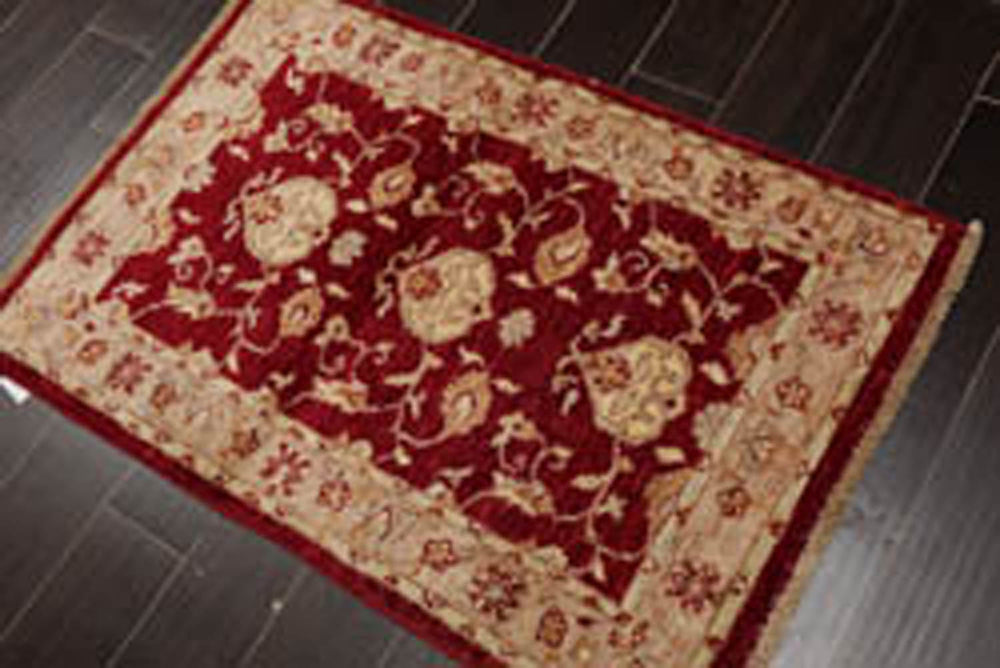 3x5 Wine, Taupe, Beige Color Hand Knotted Chobi Peshawar 100% Wool Traditional Oriental Rug