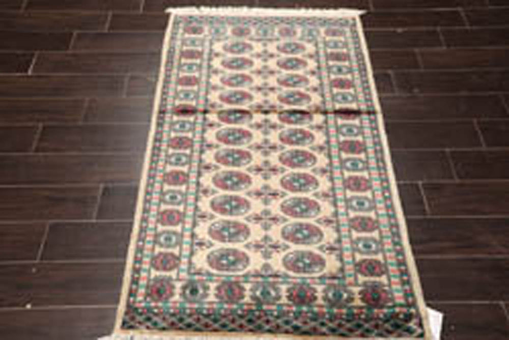 3x5 Beige, Turquoise, Rose Color Hand Knotted Bokhara 100% Wool Traditional Oriental Rug