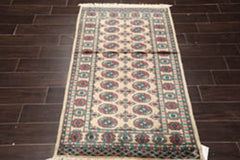3x5 Beige, Turquoise, Rose Color Hand Knotted Bokhara 100% Wool Traditional Oriental Rug