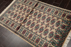 3x5 Beige, Turquoise, Rose Color Hand Knotted Bokhara 100% Wool Traditional Oriental Rug