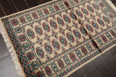 3x5 Beige, Turquoise, Rose Color Hand Knotted Bokhara 100% Wool Traditional Oriental Rug