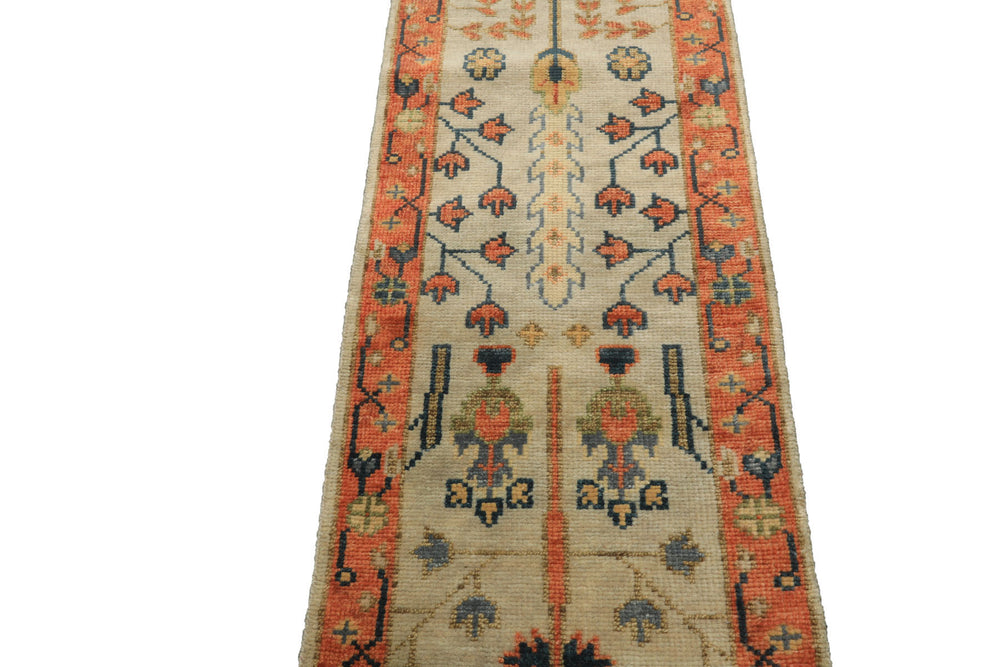 2'6x12 Beige, Burnt Orange, Lime Color Hand Knotted Oushak Wool Traditional Oriental Rug