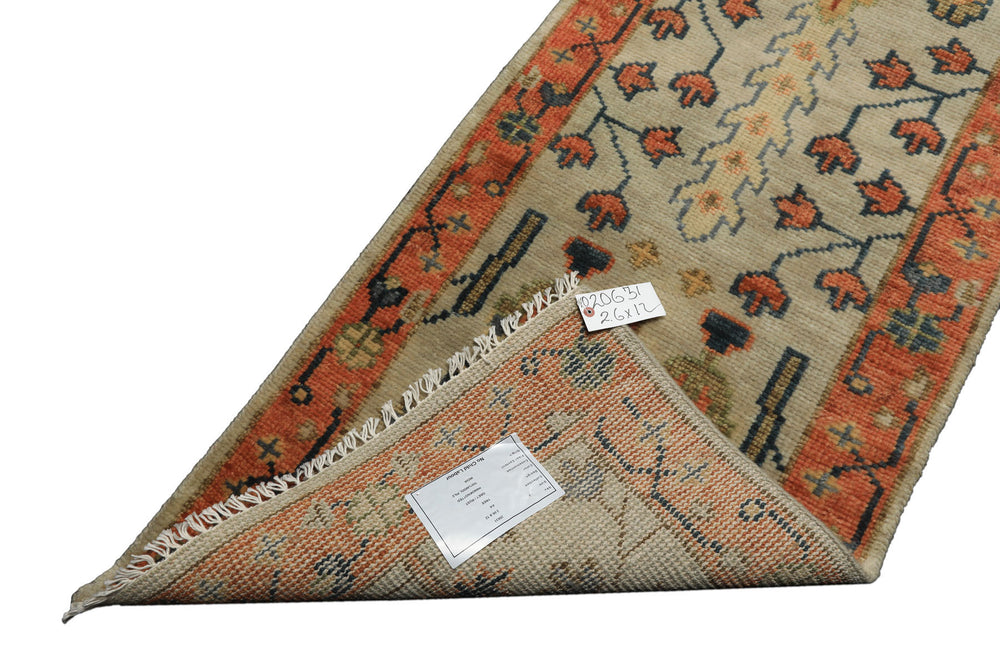 2'6x12 Beige, Burnt Orange, Lime Color Hand Knotted Oushak Wool Traditional Oriental Rug