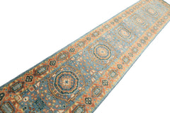 2'6x12 Aqua, Burnt Orange, Lime Color Hand Knotted Oushak Wool Traditional Oriental Rug