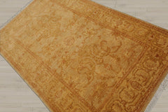 4x6 Light Gold, Brown, Green Color Hand Knotted Chobi Peshawar 100% Wool Traditional Oriental Rug