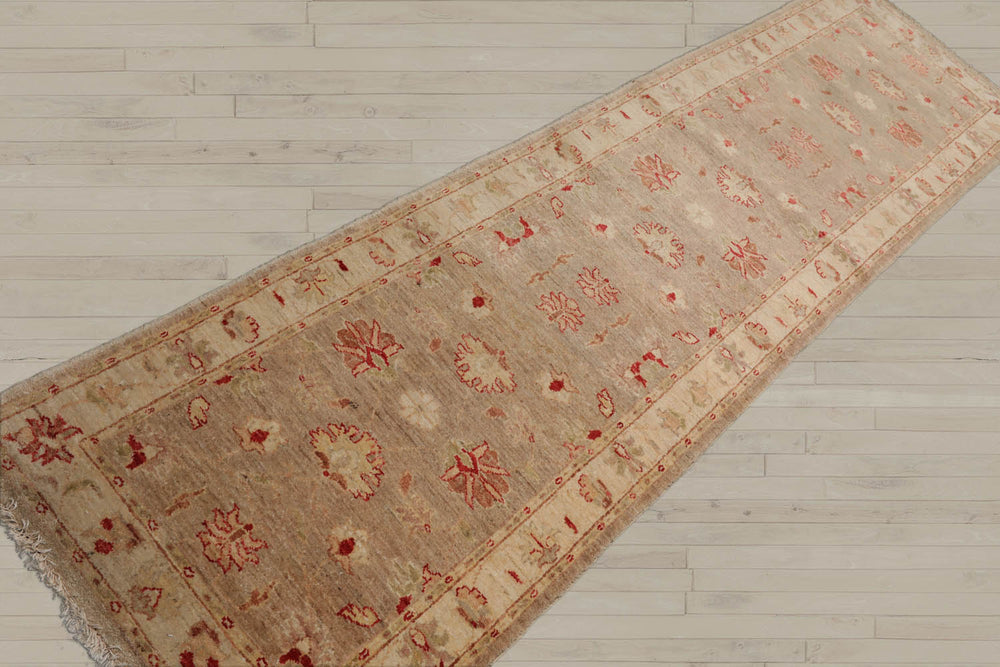2'6x10 Taupe, Beige, Coral Color Hand Knotted Chobi Peshawar 100% Wool Traditional Oriental Rug