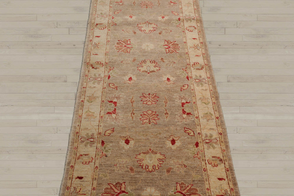 2'6x10 Taupe, Beige, Coral Color Hand Knotted Chobi Peshawar 100% Wool Traditional Oriental Rug