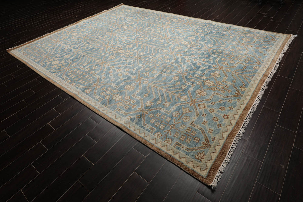 Multi Size Aqua Beige Gray Color Hand Knotted Oushak Wool Transitional Oriental Rug