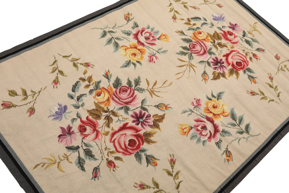 4x6 Ivory, Gray, Black Color Hand Knotted French Aubusson Needlepoint Wool Traditional Oriental Rug