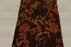 Runner Brown, Gold, Navy Color Hand Knotted 100% Wool Transitional Oriental Rug