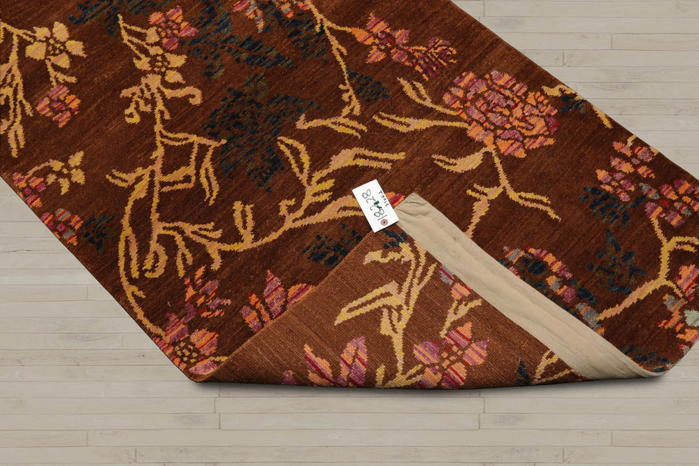 Runner Brown, Gold, Navy Color Hand Knotted 100% Wool Transitional Oriental Rug