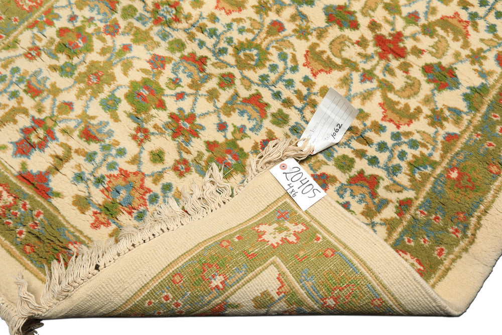 4x6 Ivory, Lime, Turquoise Color Hand Knotted Indo Kashan Wool Traditional Oriental Rug